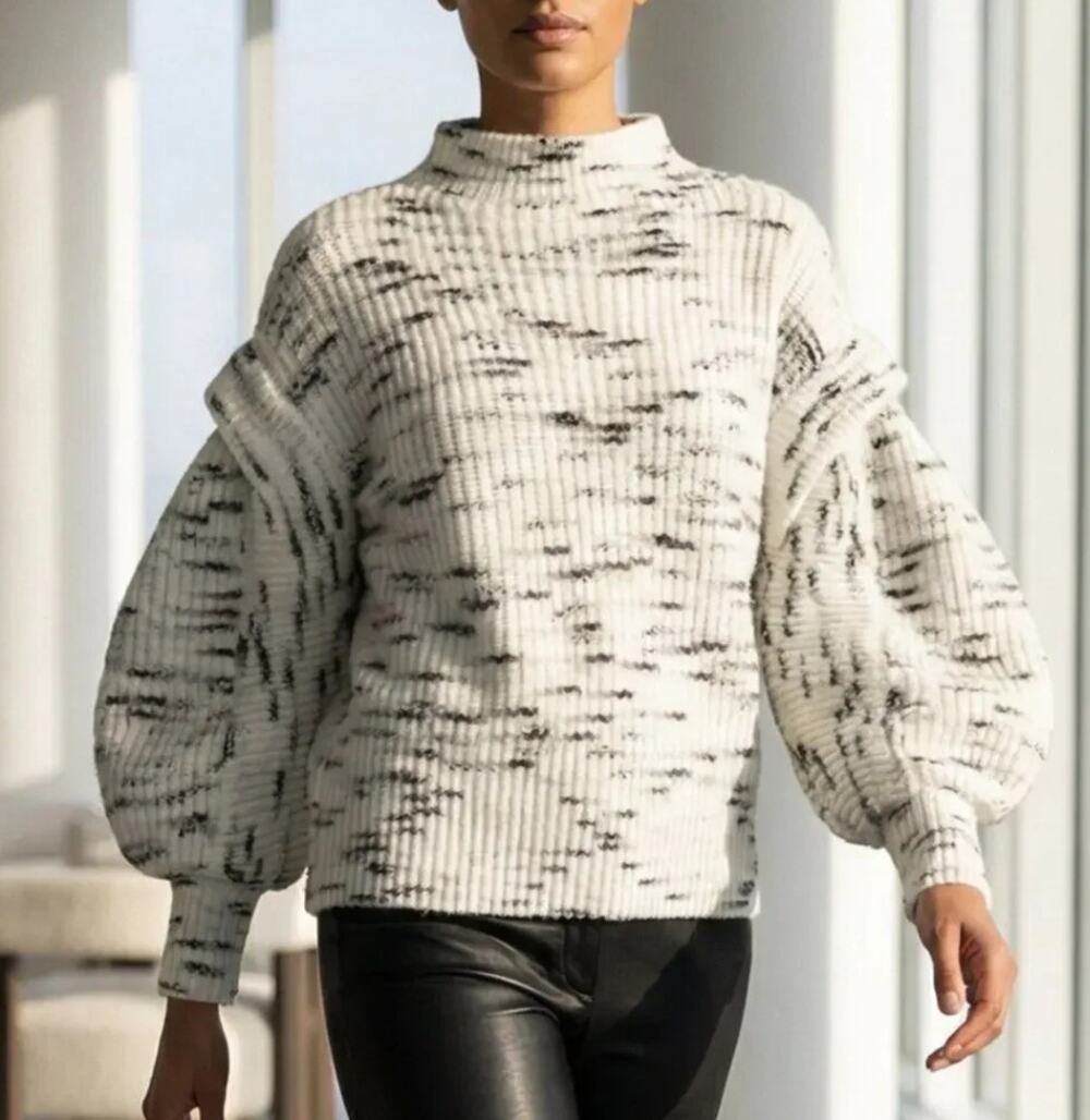 Varley Belgrave Dalmation Knit Egret & Charcoal Puffy Balloon Sleeves Sweater M